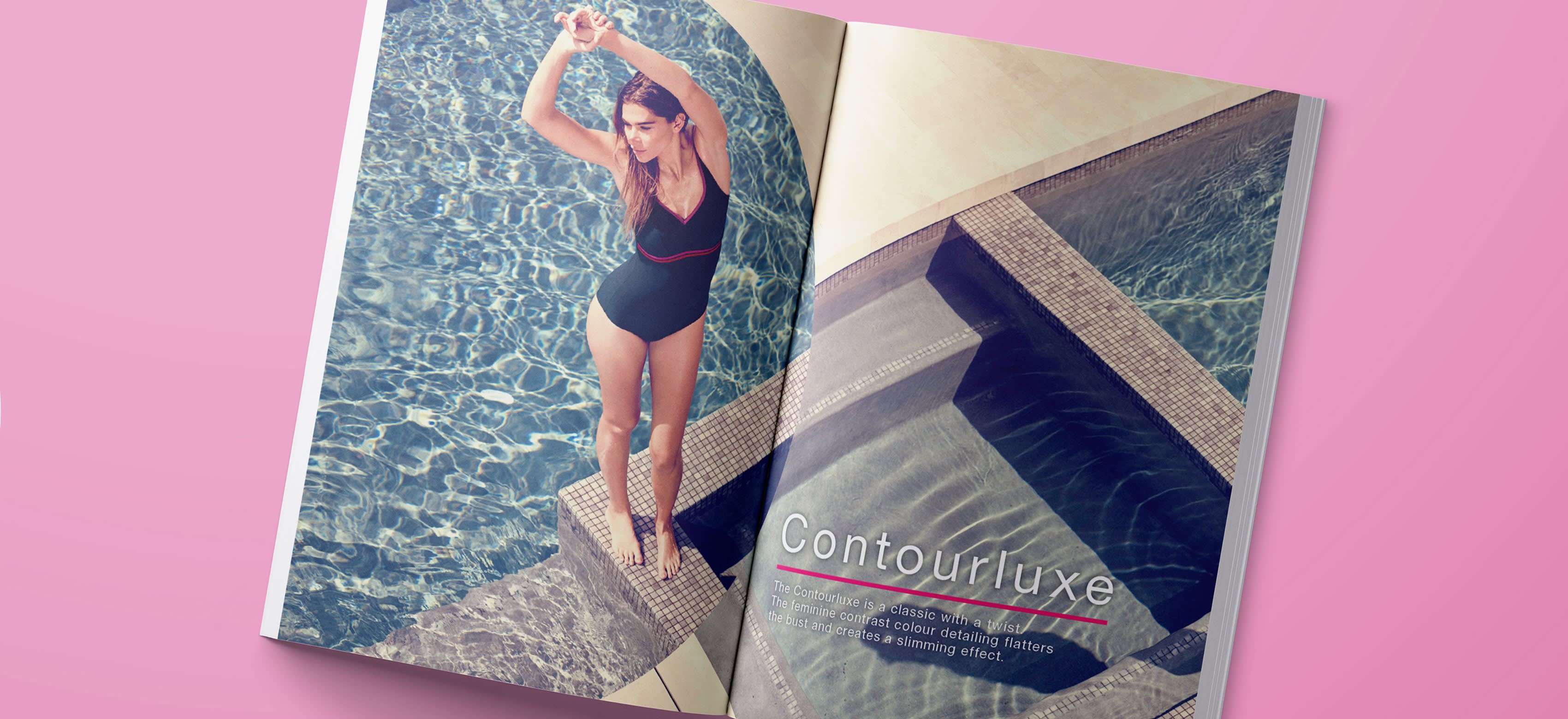 Swimsuit collection across double page magazine spread