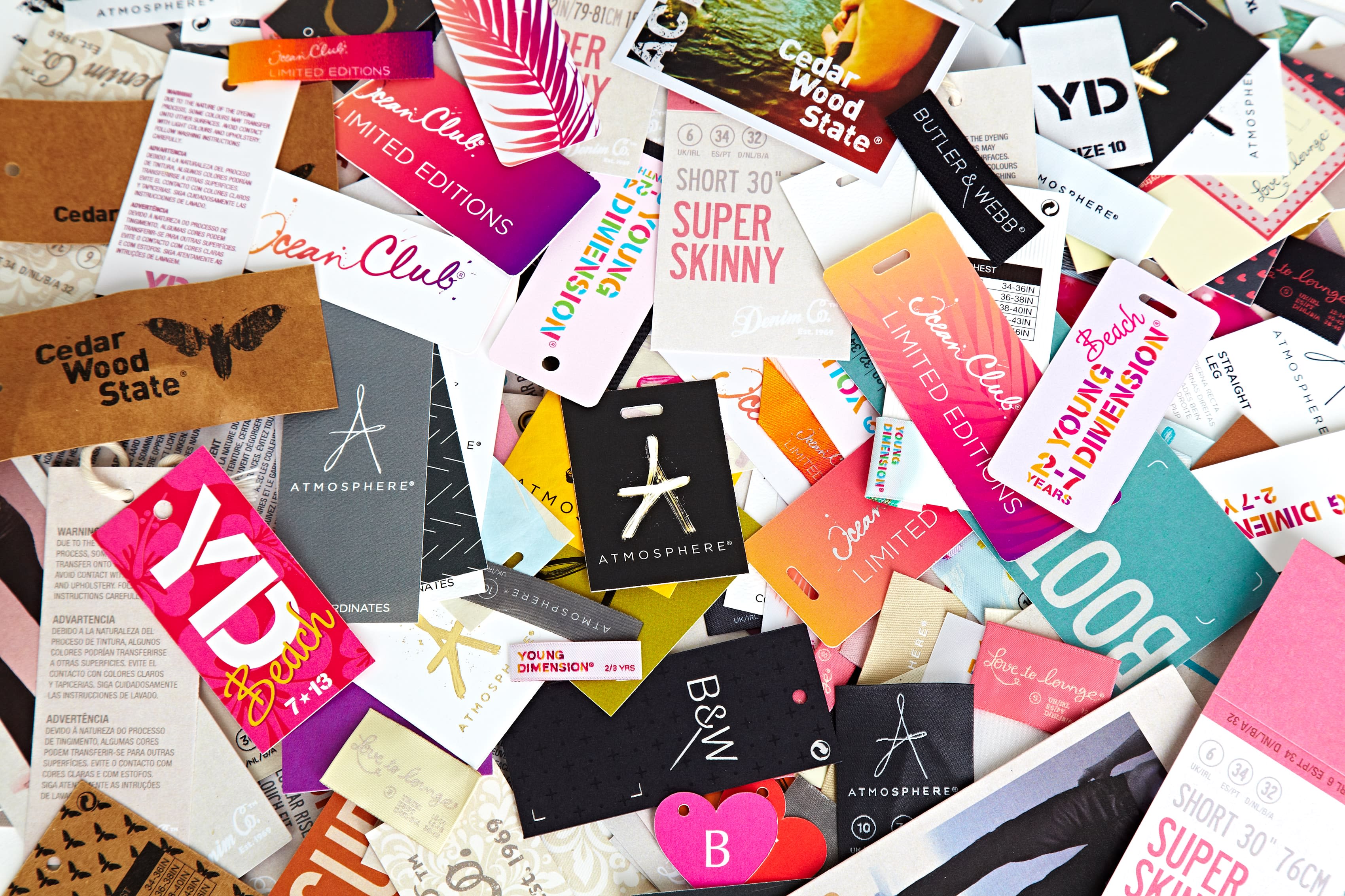 Collection of clothing tags