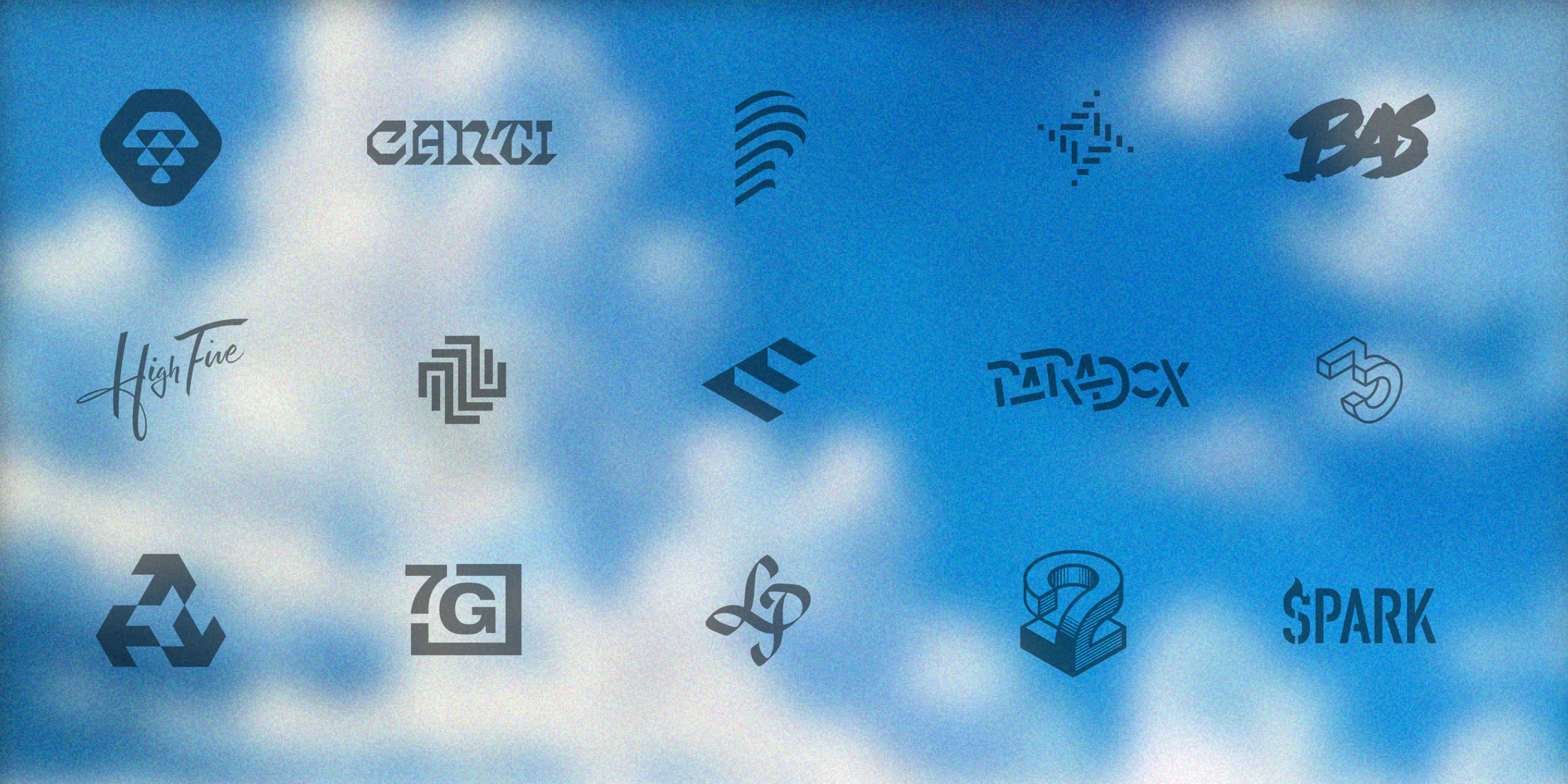 Various Logos set in black against an out of focus, grainy blue sky