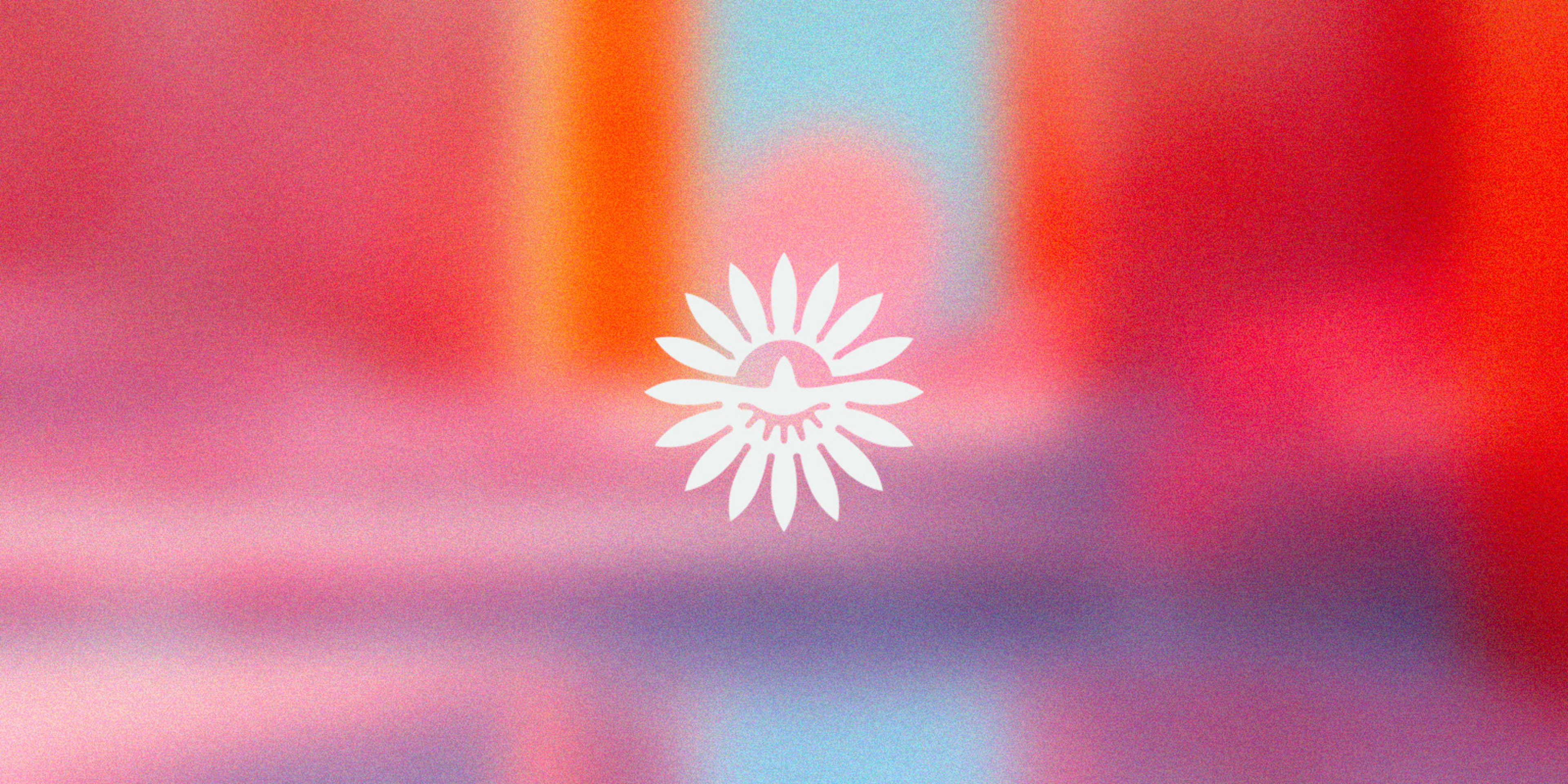 The icon design for The Formless Thrill™ - a symmetrical flower icon that contains the silhouette of a bird as well as crown of flower petals completing the mark, it is set in white against a dreamy grainy out of focus backdrop