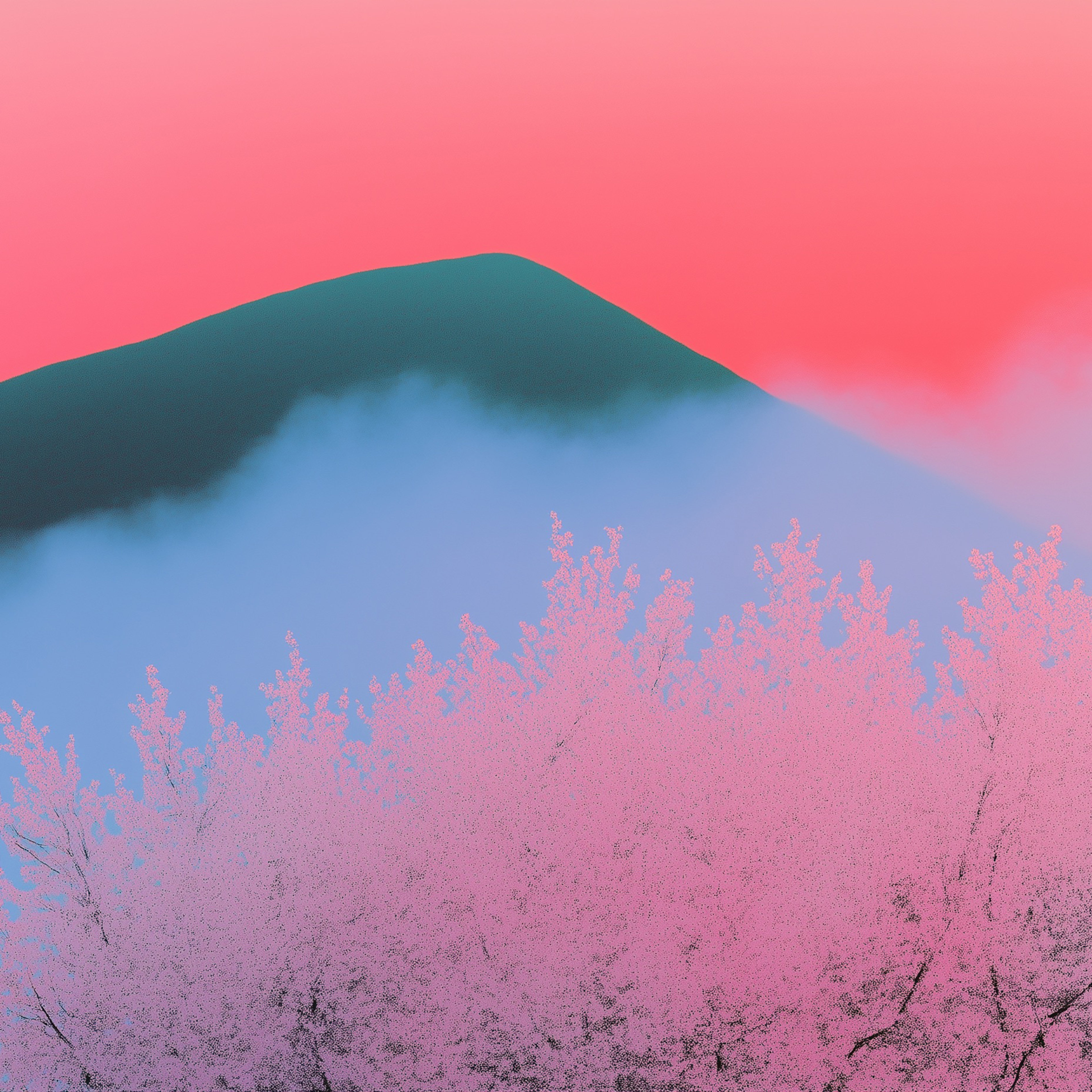 A dreamlike landscape depicting the top of a pink bush, a blue-white mist and a mountain with a magenta sky