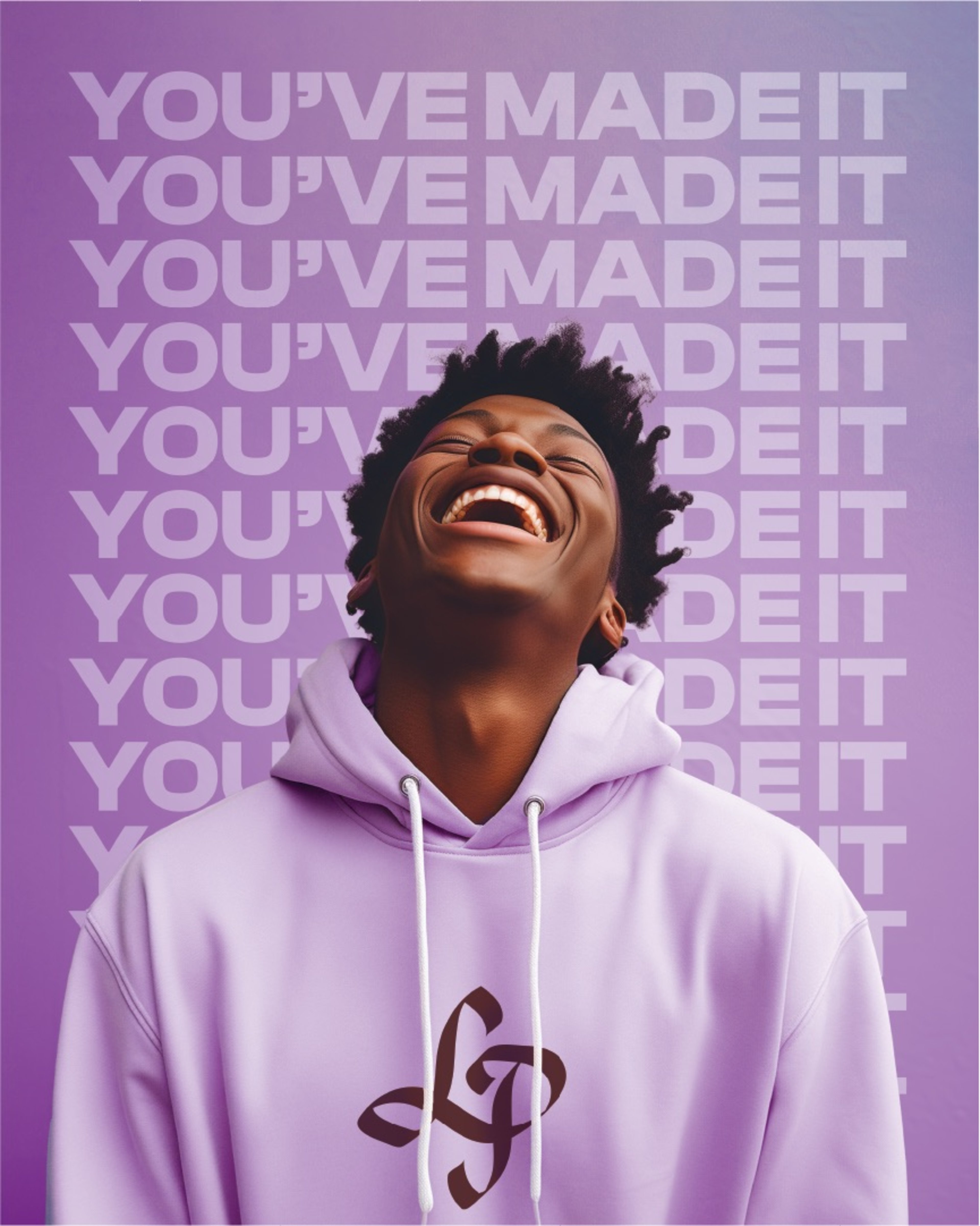 A poster for Lansing Promise - on young black man is joyfully relived, as though he has just accomplished a monumental feat and a major point of change in his live, The words You've Made It are repeated in the back - it exudes joyfulness 