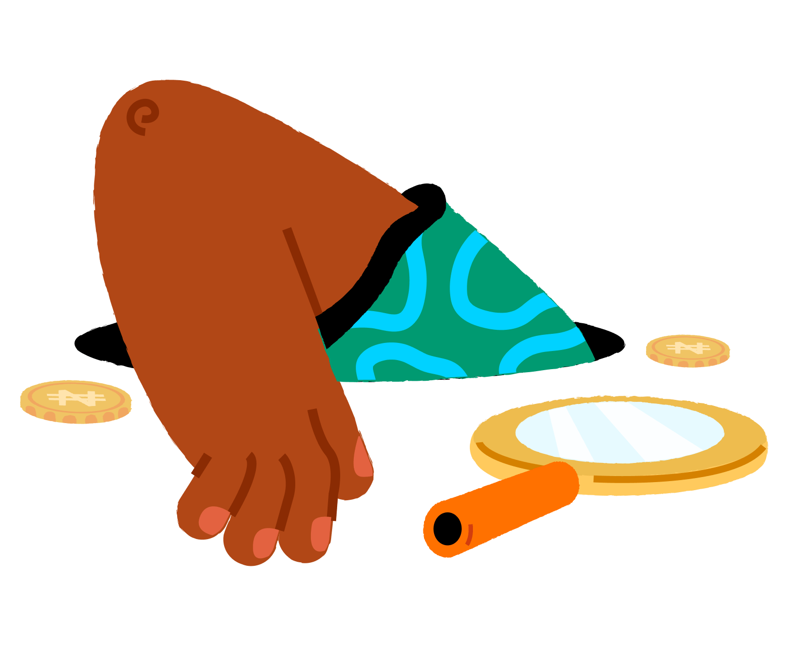 A brown hand feeling around a surface to find an item. Surface has two gold coins with the Naira symbol and a magnifying glass on it.