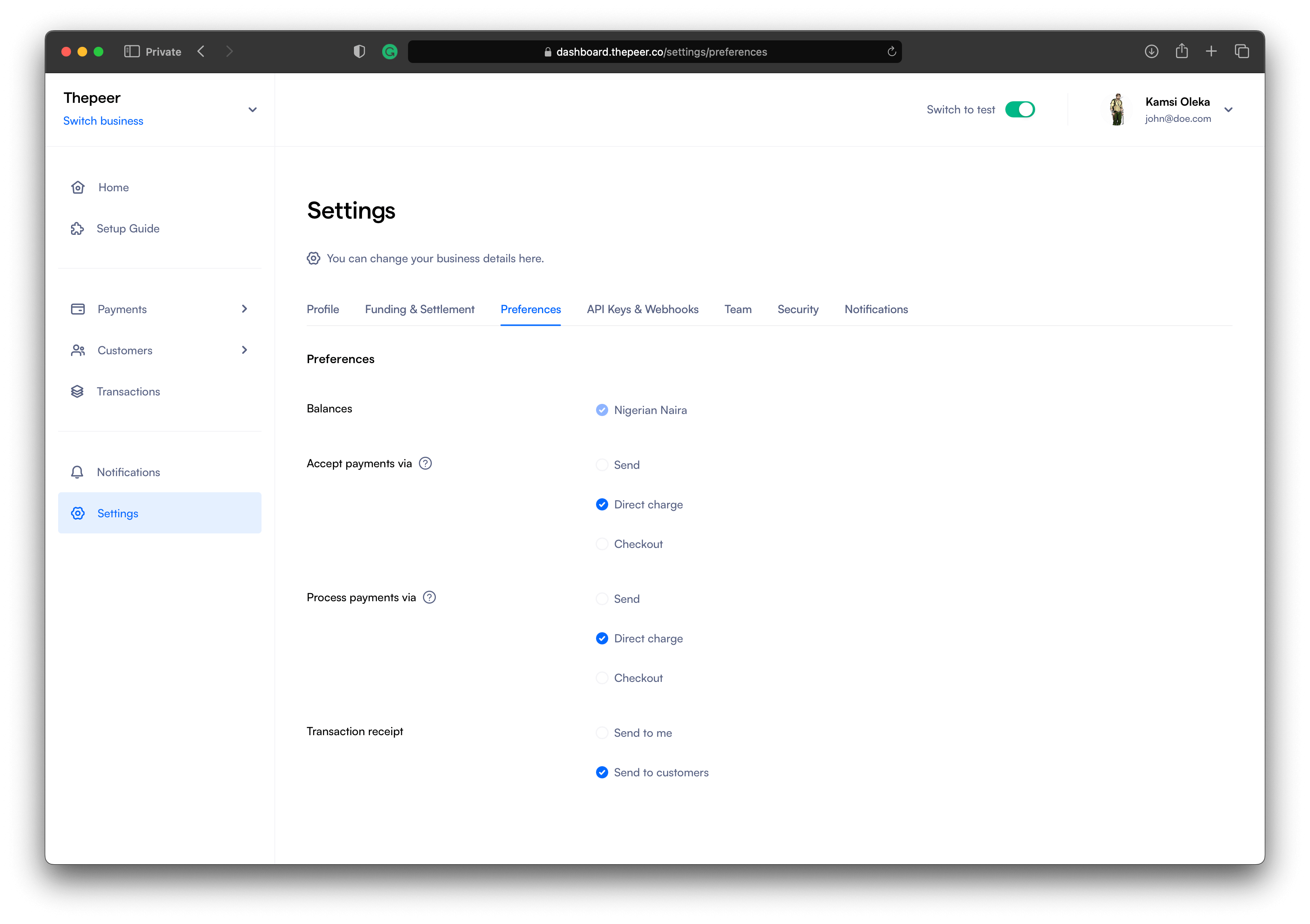 Screenshot of Thepeer's settings page with direct-charge options enabled