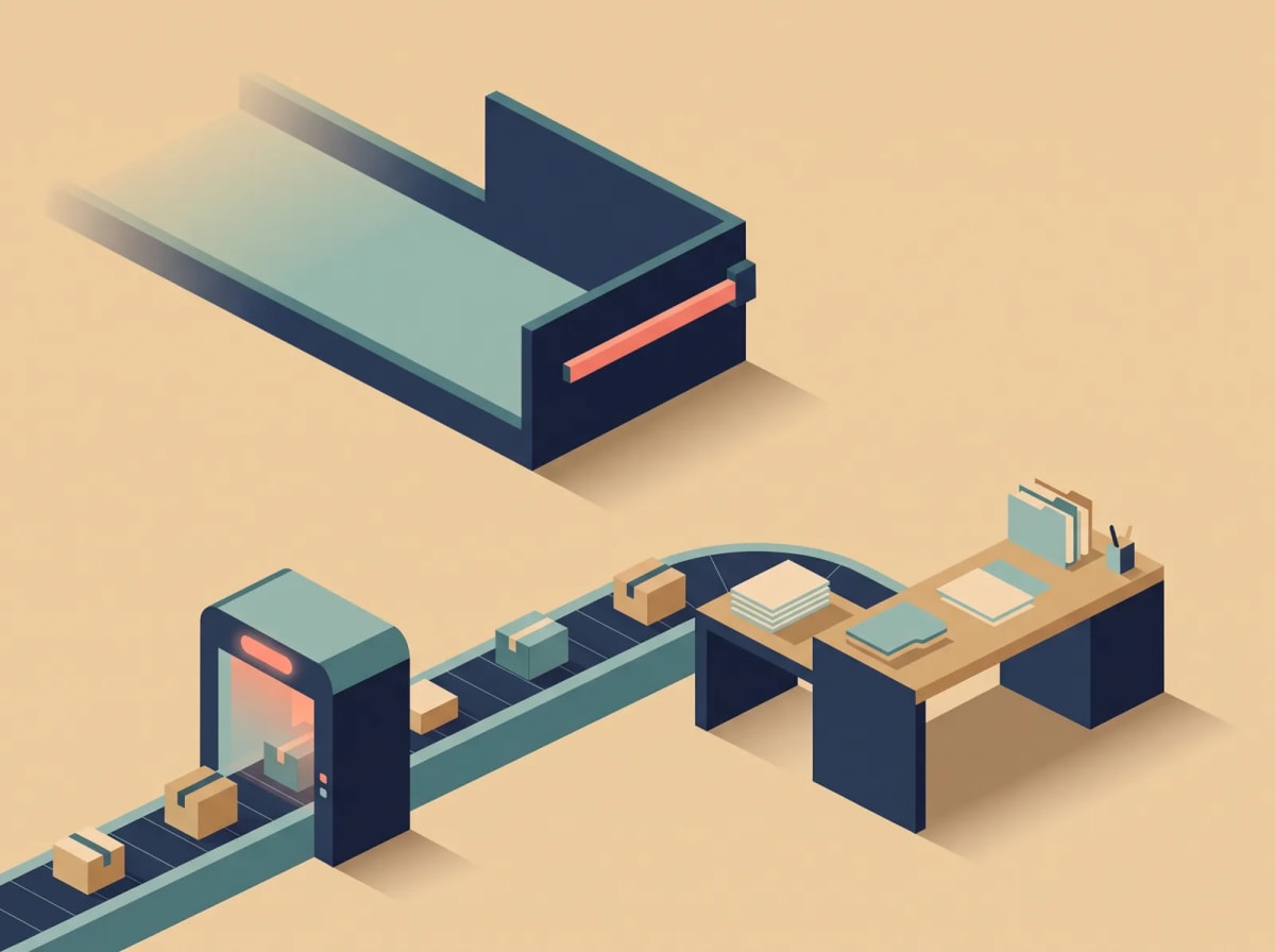 Two lanes for parcels, one closed with a barrier and one passing through a scanner and paperwork desk