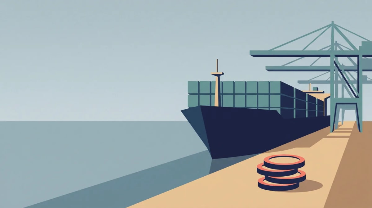 A container ship docked at a port with cranes and a small stack of coins on the quay