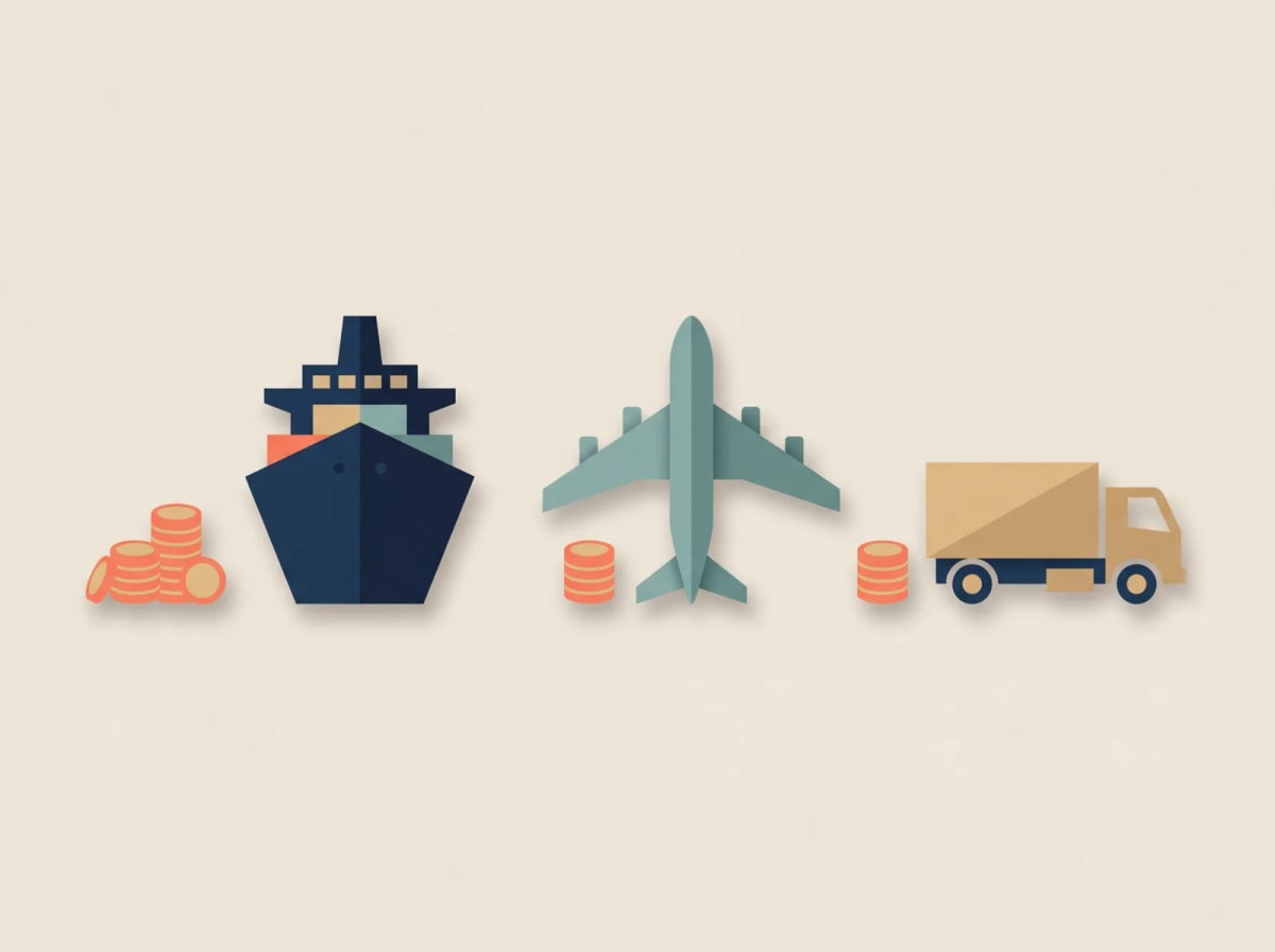 A cargo ship, a cargo plane and a freight truck side by side, each with a small coin pile