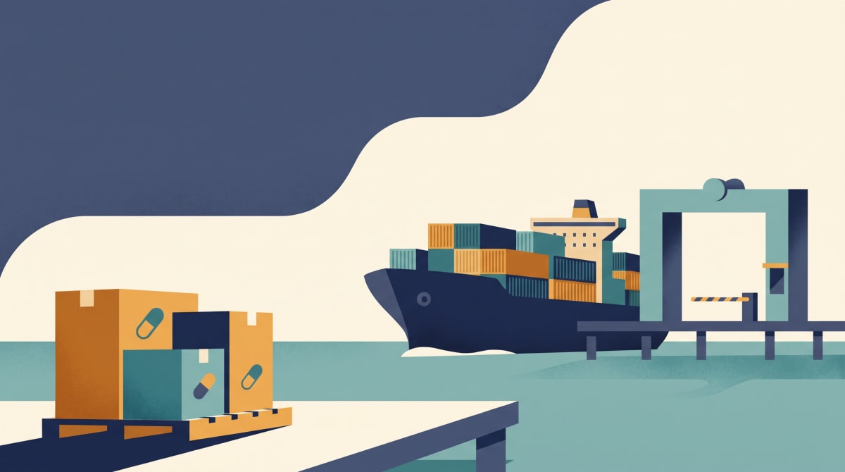 Illustration of a cargo ship approaching a customs checkpoint with medicine boxes on a pallet