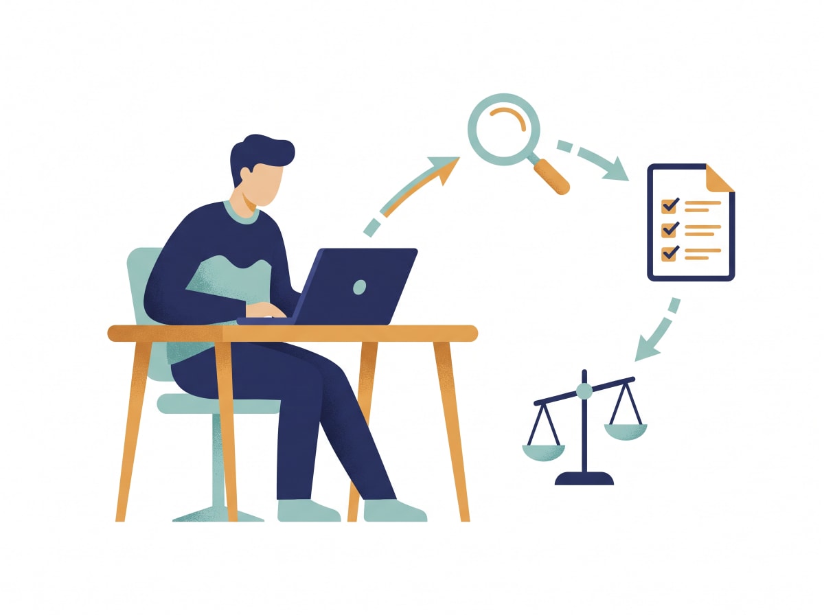 Illustration of a person at a laptop checking a product code against tariff measures