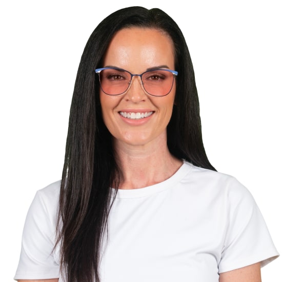 Woman wearing TheraSpecs FL-Pro in Celeste style