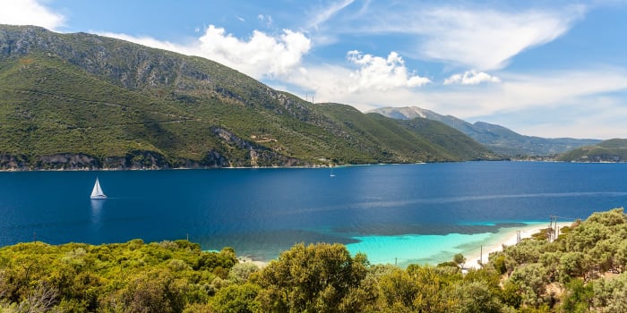 Meganisi island sailing bay turquoise Ionian waters visible from Thyta House Lefkada