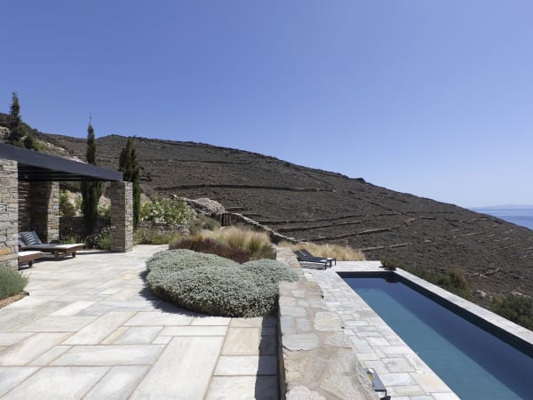 Looking down over the pool from the terrace outside the communal areas.