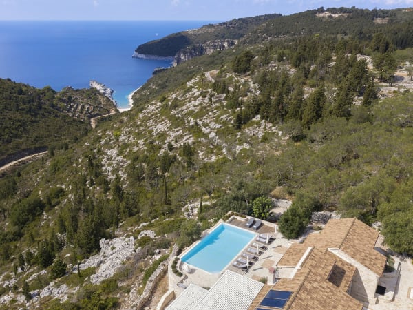 An aerial view of Inoe, Avlaki beach and the Ionian Sea.