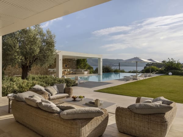 Fabulous views out over the gardens and the pool to the sea.