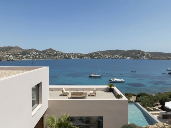 The main house and the Bay of Finikas seen from one of the guest rooms.
