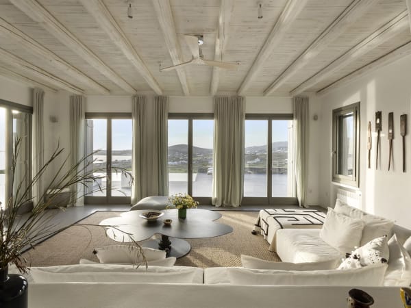 The bright living area with its views out to sea.