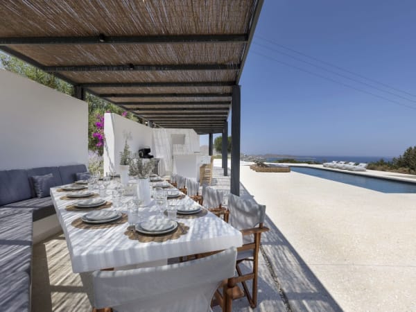 Flanking the pool is a large shaded area with dining table, built-in seating, a bar and a barbecue.