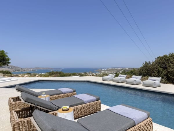 Pura Vida's irresistible, 15m-long angular pool with its views out to sea.Flanking the pool is a large shaded area with dining table, built-in seating, a bar and a barbecue.