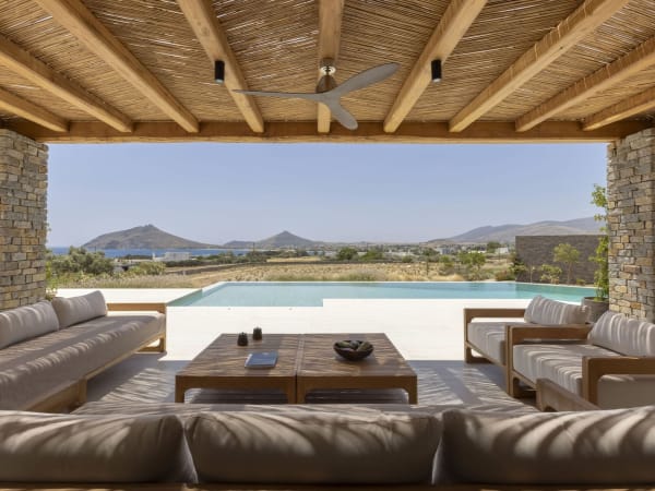 The gorgeous terrace, infinity pool and sea views of Treis Villas' main house (Villa II).