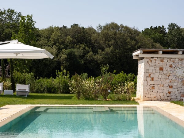 The splendid pool looks out over the mature greenery of the wrap-around grounds.