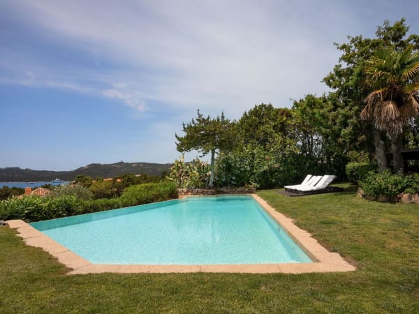 The geometric infinity pool enclosed by emerald lawn.
