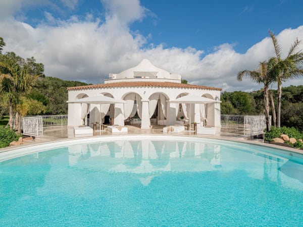 Lia's impressive façade seen from the pool. 