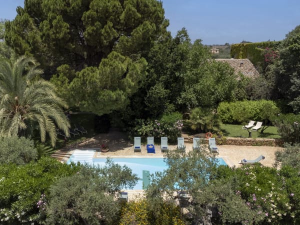 The pool is secluded by leafy vegetation.
