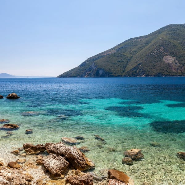 The beautiful azure of the Ionian sea, accessed from Akrothea.