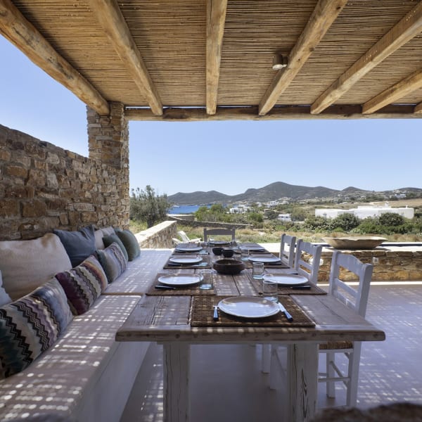 The shady al fresco dining area is served by a large barbecue.