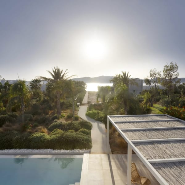 Looking out to sea across Marike's pool and gardens.