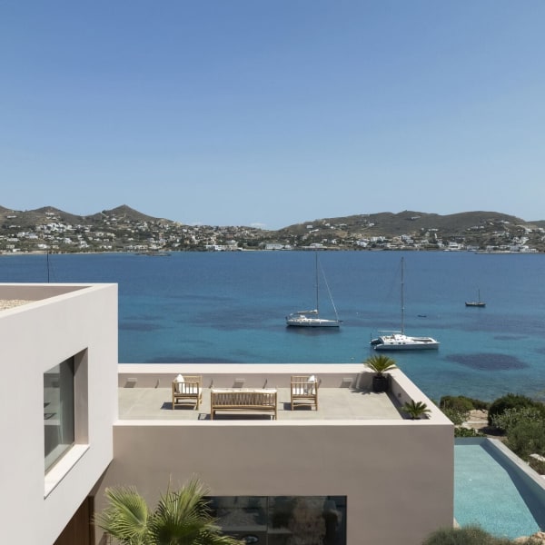 The main house and the Bay of Finikas seen from one of the guest rooms.