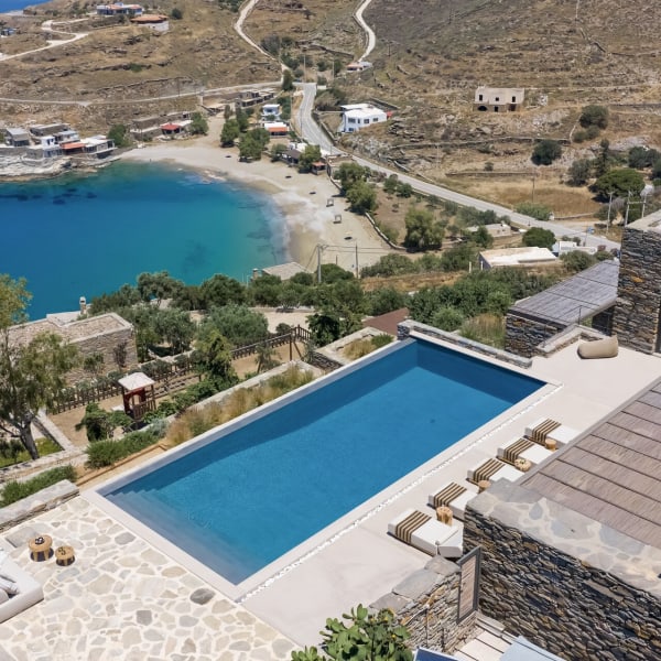 An aerial shot of Oleana with Kambi beach below.