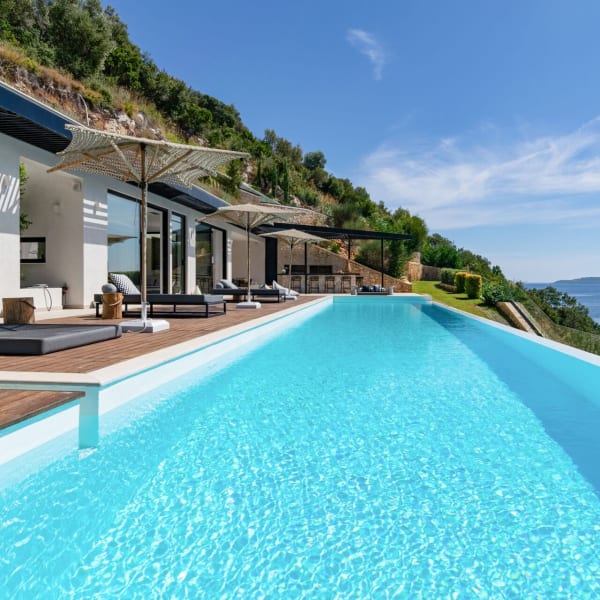 Pleione with its beautiful infinity pool and views out to sea.