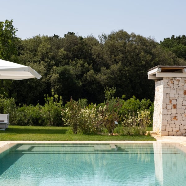 The splendid pool looks out over the mature greenery of the wrap-around grounds.