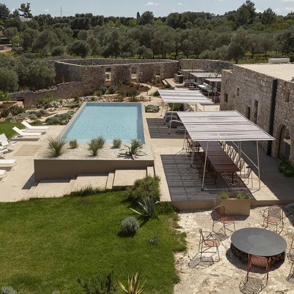 Masseria Belvedere's beautiful walled gardens and pool area.