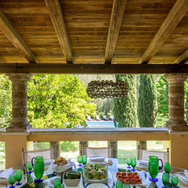 The main al fresco dining area looks out over the gardens.