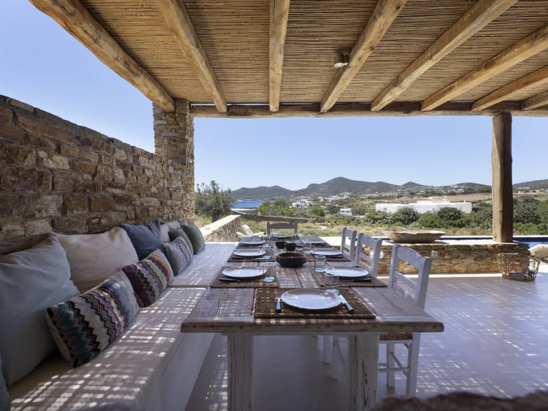 The shady al fresco dining area is served by a large barbecue.