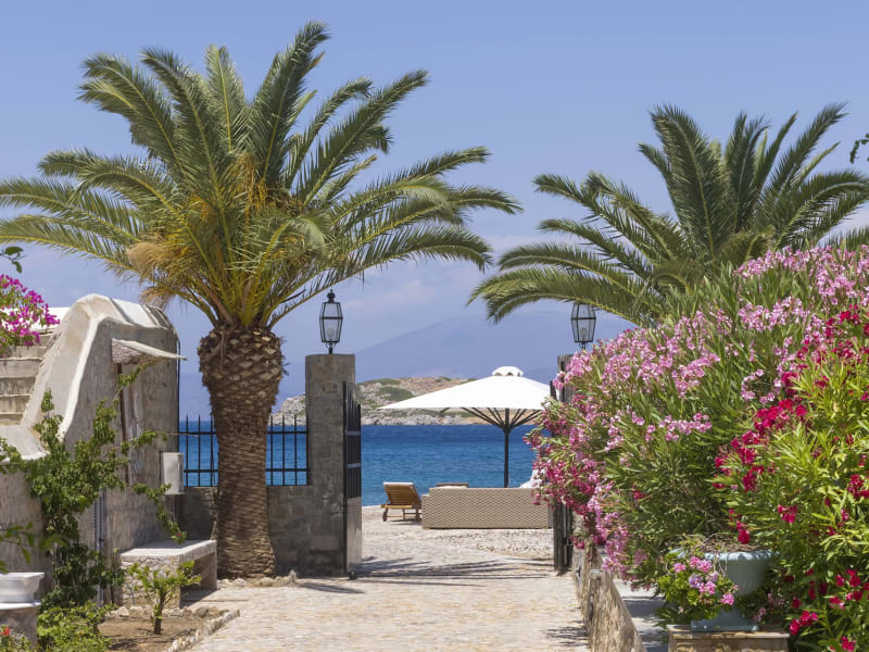 Beautiful Molos beach is right outside the gate and shared with just one other villa.