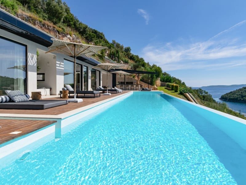 Pleione with its beautiful infinity pool and views out to sea.