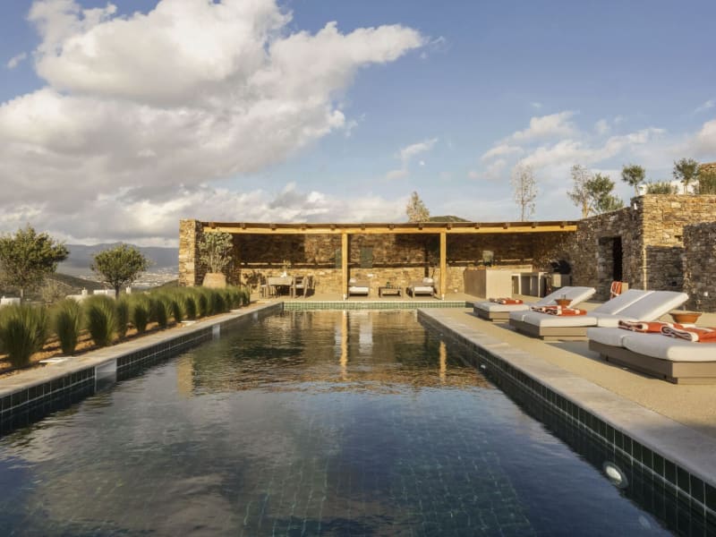 The main pool with its shaded living and dining area and kitchen at the far end.