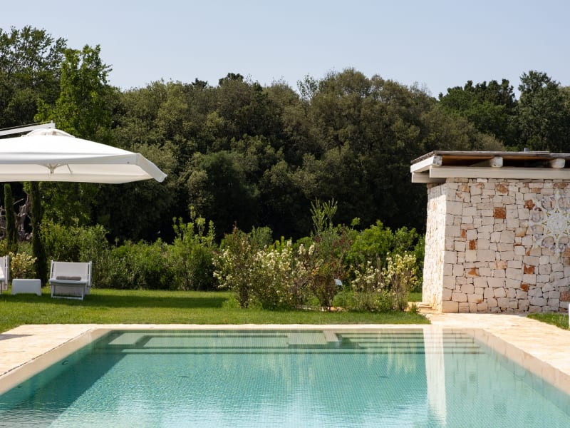 The splendid pool looks out over the mature greenery of the wrap-around grounds.