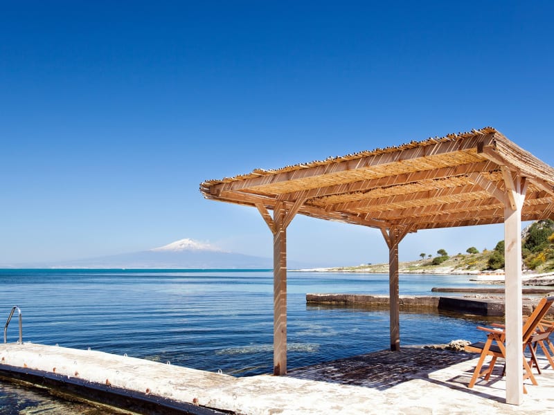 Stunning views of Mount Etna from the (public) sea access.