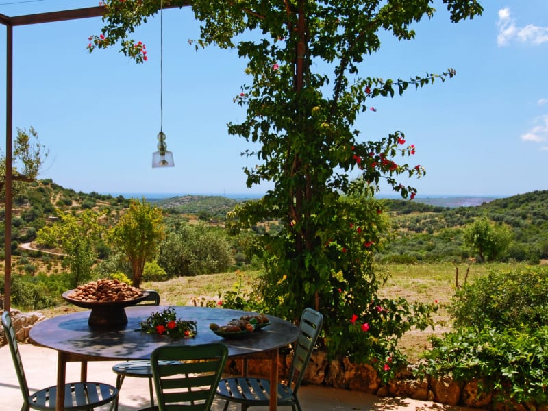 The shaded terrace with its views over the surrounding countryside.