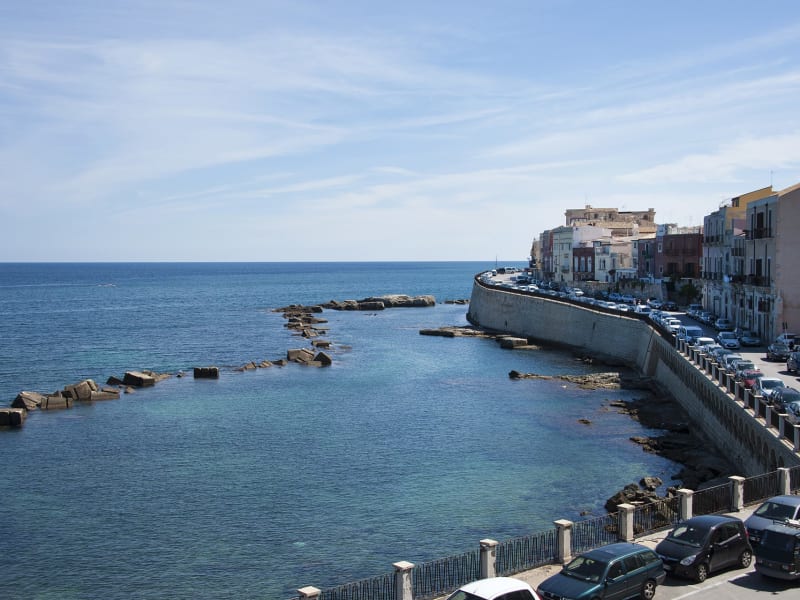 Views from the roof terrace of the sea down below.