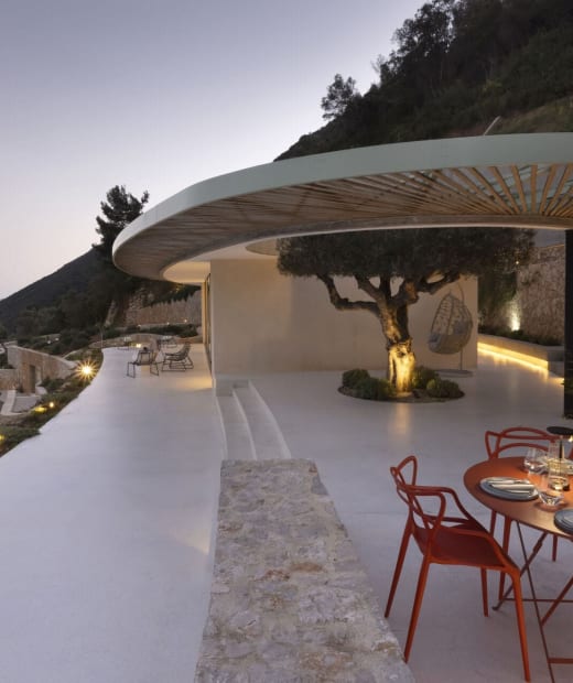 Thyta House terrace at golden hour overlooking Ionian Sea, Lefkada