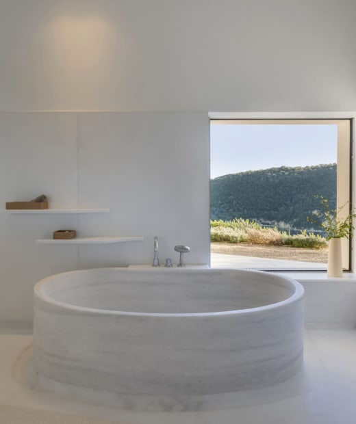 Thyta House master bathroom with freestanding tub and sea view, Lefkada