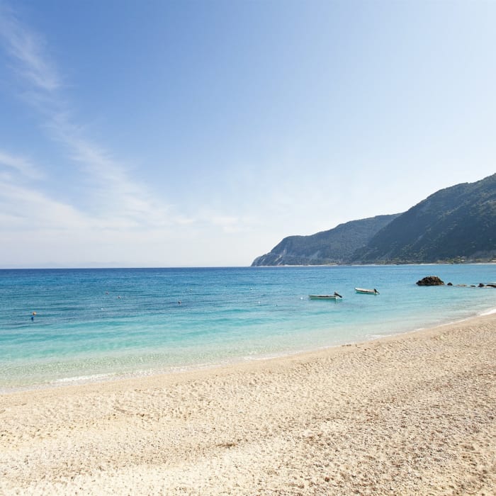 Agios Nikitas village beach turquoise cove Lefkada west coast Greece