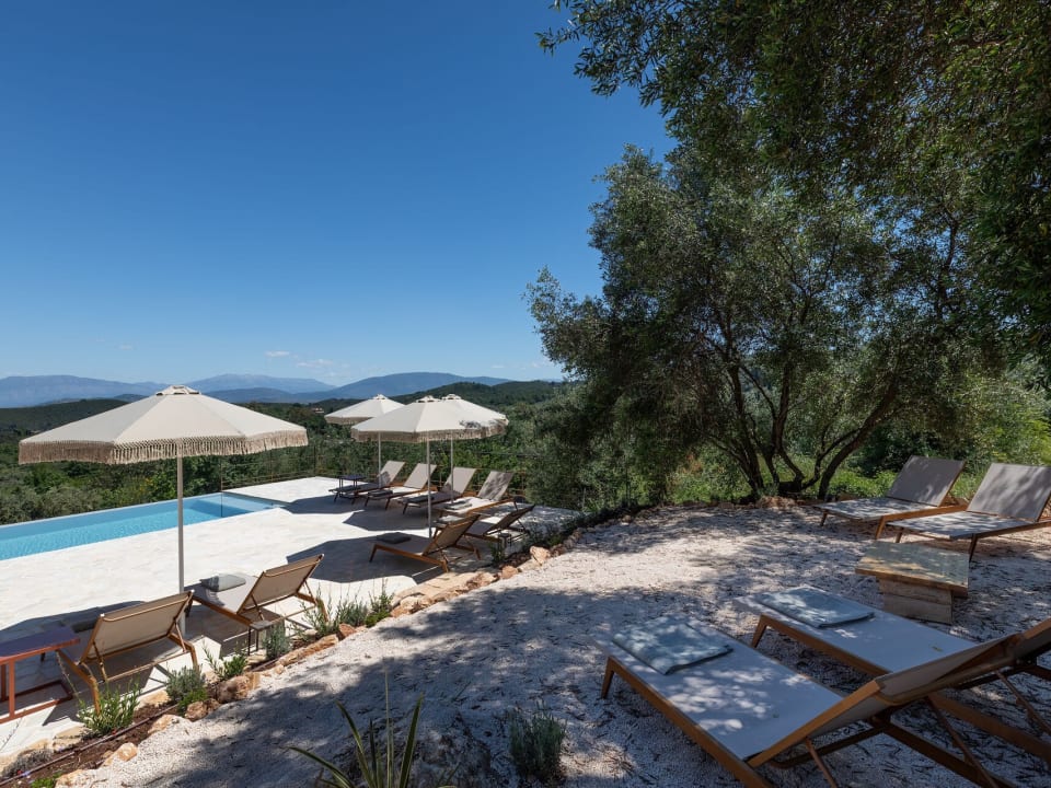 Shade by the pool is supplied both by parasols and olive trees.