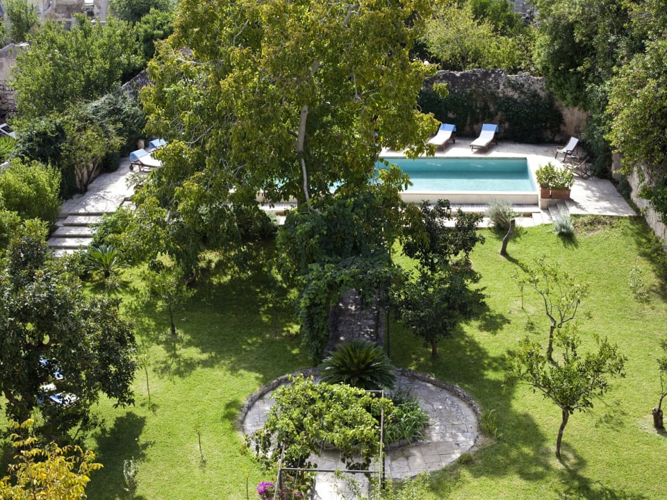 The view over the gardens and pool.