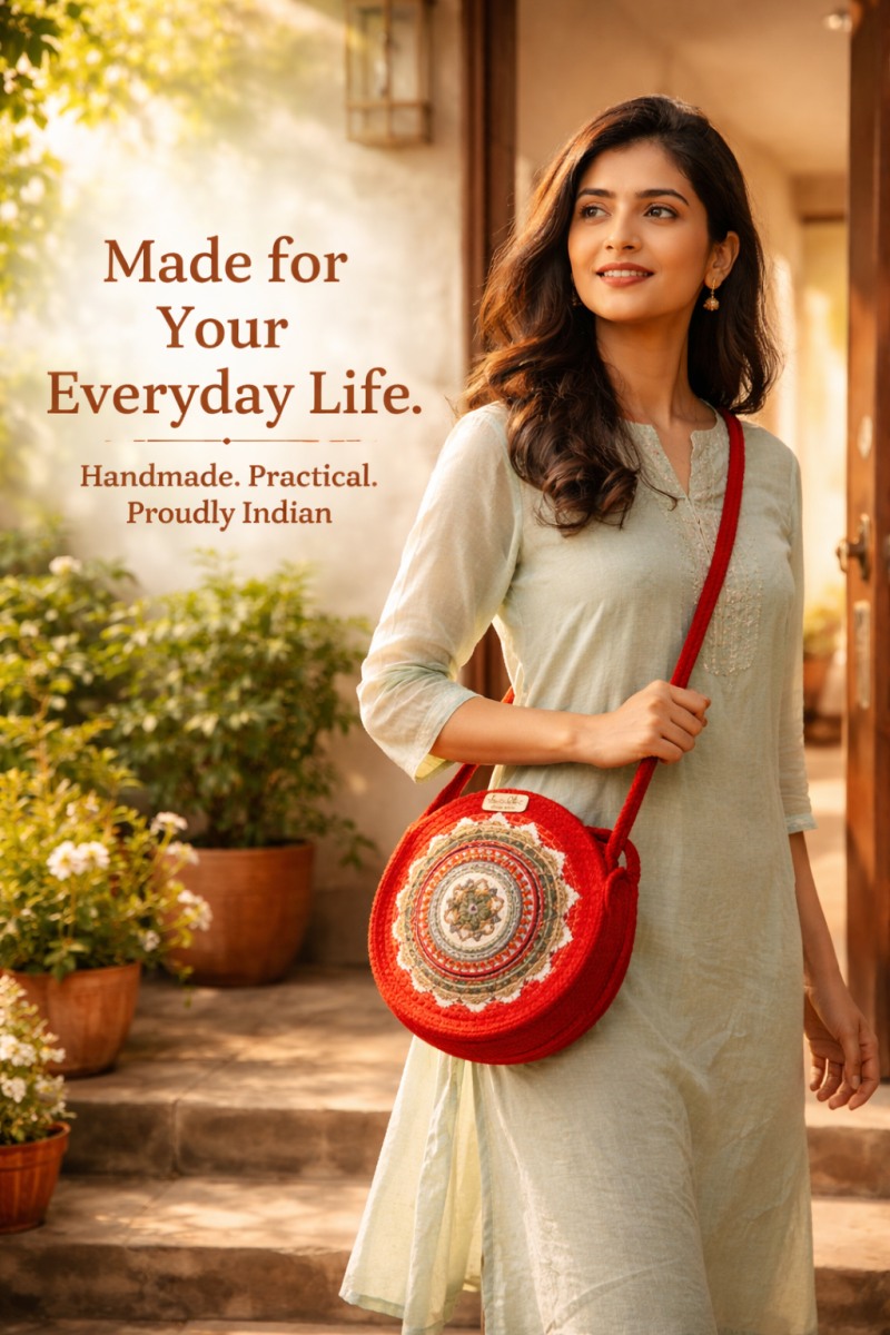 Modern Indian woman confidently carrying a handmade jute bag by TheTidbit